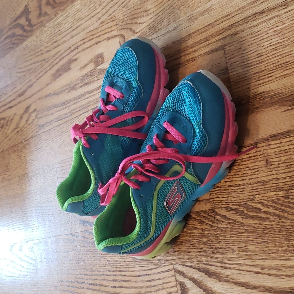 (3) Skechers Go Run Neon Colorful Youth Girl's Lace Up Sneakers Running Active